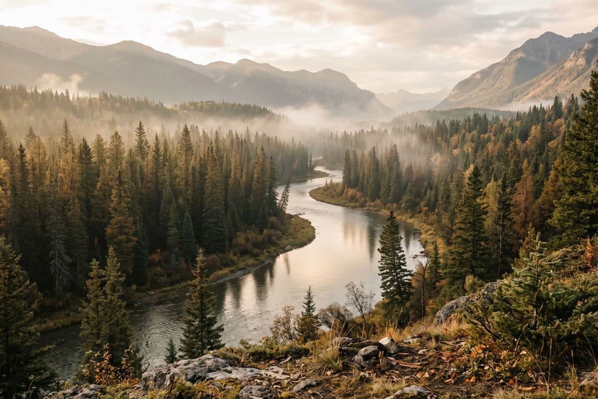 A quiet forest and river valley at golden hour