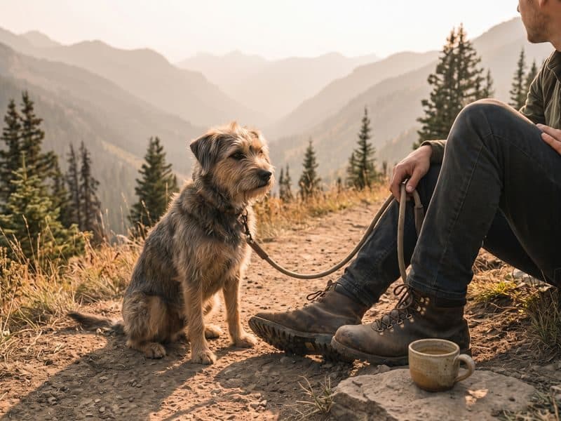 A dog sitting on a mountain trail beside its owner
