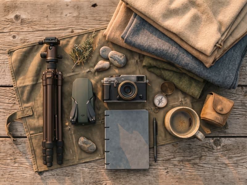 A flat-lay of camera and content-creation gear on a wooden surface